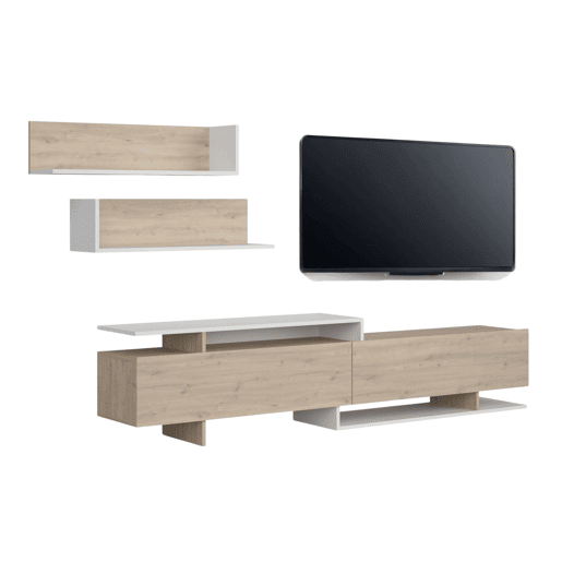 Móvel para sala de estar e jantar, com rack para TV e prateleiras, 200 cm, modelo Orlis com 2 portas de abrir, acabamento em carvalho artesanal e melamina branca fosca.