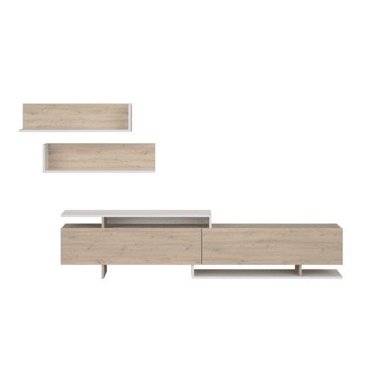 Móvel para sala de estar e jantar, com rack para TV e prateleiras, 200 cm, modelo Orlis com 2 portas de abrir, acabamento em carvalho artesanal e melamina branca fosca.