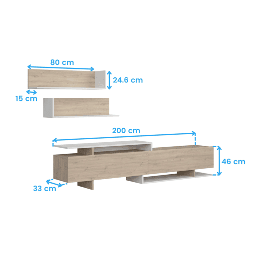 Móvel para sala de estar e jantar, com rack para TV e prateleiras, 200 cm, modelo Orlis com 2 portas de abrir, acabamento em carvalho artesanal e melamina branca fosca.