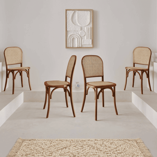 Cadeiras vintage de madeira e rattan, set de 4, Montparnasse, Efeito Noyer, 44.5x48x89.5 cm