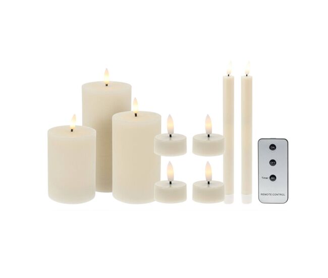 Set de 9 velas led - velas de pilar, velas de cena y candelitas con superficies rústicas y lisas con control remoto