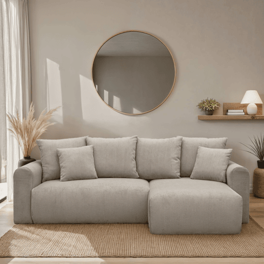 Sofá de canto conversível veludo canelado de 3 lugares, Almo, Taupe, 240x147x85 cm