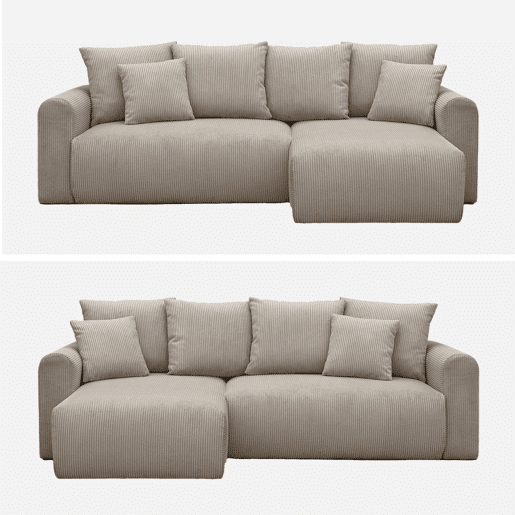 Sofá de canto conversível veludo canelado de 3 lugares, Almo, Taupe, 240x147x85 cm