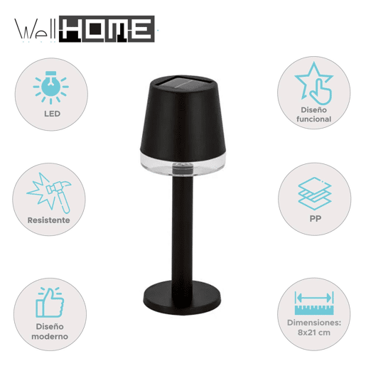 Luminária de mesa solar Well Home com luzes LED branco quente na cor preta, Ø8x21cm
