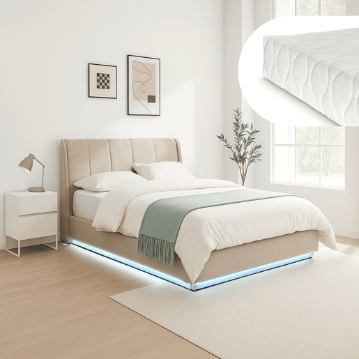 Cama estofada Tröstiar LED com base de ripas dobrável + colchão 140x200cm - Bege en.casa
