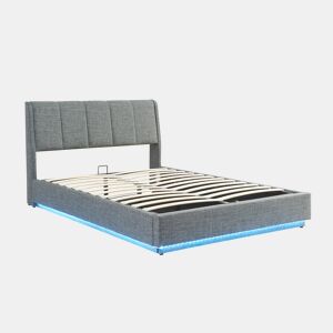 Cama estofada Tröstiar LED com base de ripas dobrável linho 140x200cm - Antracite en.casa