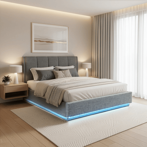 Cama estofada Tröstiar LED com base de ripas dobrável 140x200cm - Antracite en.casa