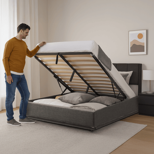 Cama estofada Tröstiar LED com base de ripas dobrável 140x200cm - Antracite en.casa