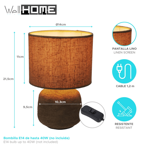 Luminária de mesa E14 40W em cerâmica na cor areia, 21,5 cm de altura. Luminária de mesa E14 40W em cerâmica na cor areia, 21,5 cm de altura.