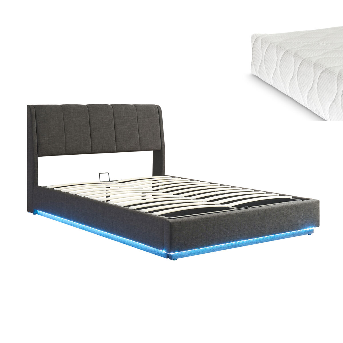 Cama tapizado led tröstiar con somier abatible + colchón 140x200cm negro [en.casa]