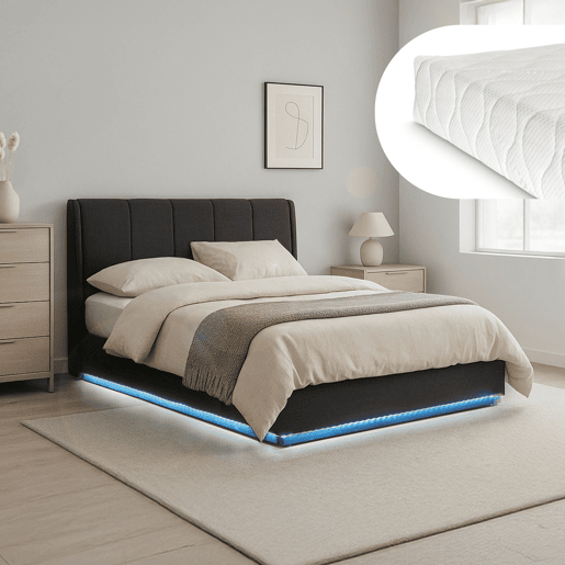 Cama estofada Tröstiar LED com base de ripas dobrável + colchão 140x200cm - Preto en.casa