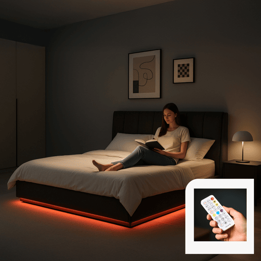 Cama estofada Tröstiar LED com base de ripas dobrável + colchão 140x200cm - Preto en.casa