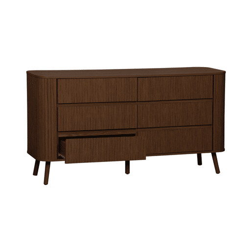 Cómoda de 6 gavetas, decoração estriada natural, Legacy, Madeira de nogueira, 150x45x80 cm