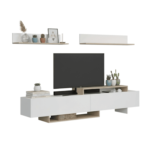 Móvel para TV, Sala de Estar, 200 cm, Orlis, Sala de Jantar, 2 Portas de Abrir, 2 Prateleiras de Parede, Branco Fosco e Carvalho Artesanal