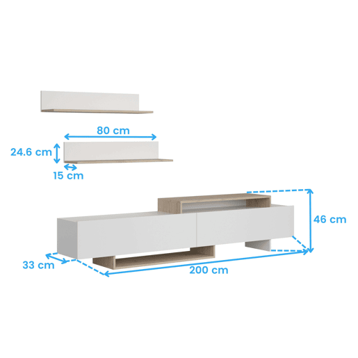 Móvel para TV, Sala de Estar, 200 cm, Orlis, Sala de Jantar, 2 Portas de Abrir, 2 Prateleiras de Parede, Branco Fosco e Carvalho Artesanal