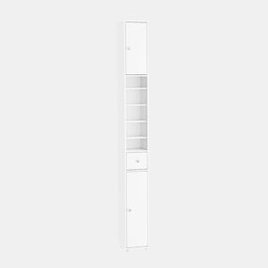 SoBuy BZR34-II-W Coluna de casa de banho estreita - Repelente de água, armário de casa de banho alto com prateleiras e gaveta ajustáveis - Armário que poupa espaço, MDF, Branco, 20x180x20c