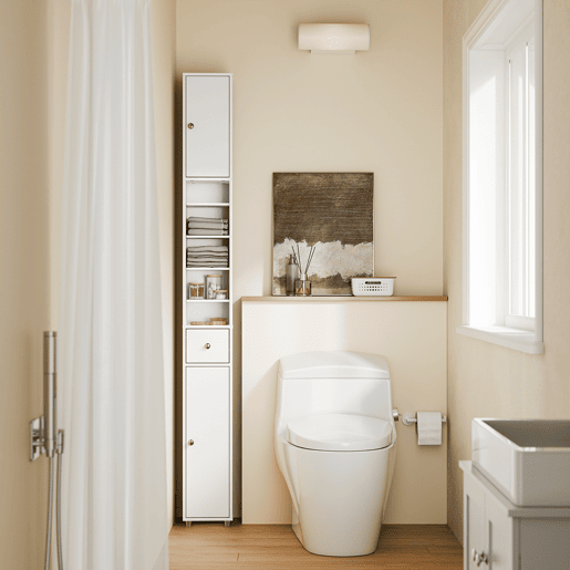 SoBuy BZR34-II-W Coluna de casa de banho estreita - Repelente de água, armário de casa de banho alto com prateleiras e gaveta ajustáveis - Armário que poupa espaço, MDF, Branco, 20x180x20c