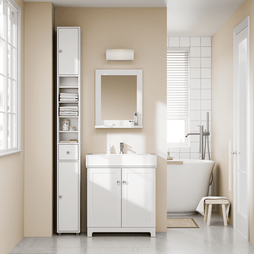 SoBuy BZR34-II-W Coluna de casa de banho estreita - Repelente de água, armário de casa de banho alto com prateleiras e gaveta ajustáveis - Armário que poupa espaço, MDF, Branco, 20x180x20c