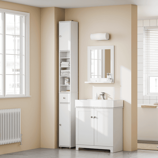 SoBuy BZR34-II-W Coluna de casa de banho estreita - Repelente de água, armário de casa de banho alto com prateleiras e gaveta ajustáveis - Armário que poupa espaço, MDF, Branco, 20x180x20c