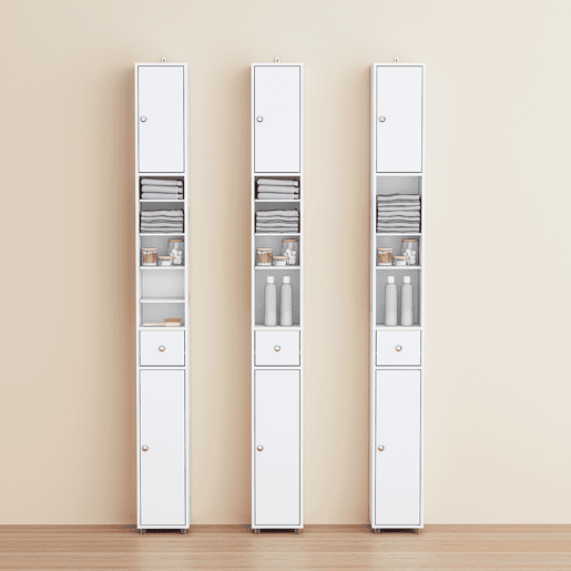 SoBuy BZR34-II-W Coluna de casa de banho estreita - Repelente de água, armário de casa de banho alto com prateleiras e gaveta ajustáveis - Armário que poupa espaço, MDF, Branco, 20x180x20c