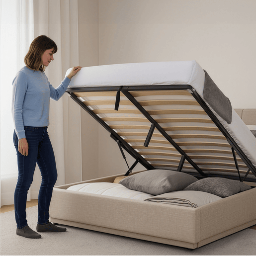 Cama estofada Tröstiar LED com base de ripas dobrável 160x200cm - Bege en.casa