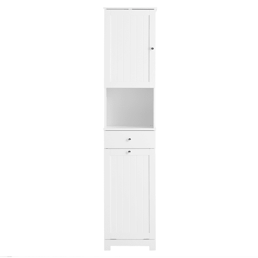 SoBuy BZR216-W Armário de casa de banho alto economizador de espaço com cesto de lavagem 45L - Coluna de casa de banho estreita 40x38x180cm com gaveta MDF, prateleira aberta e porta de armário para lavandaria ou casa de banho