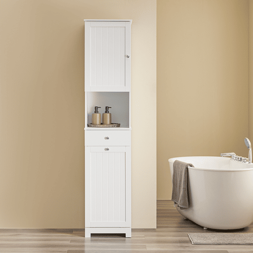 SoBuy BZR216-W Armário de casa de banho alto economizador de espaço com cesto de lavagem 45L - Coluna de casa de banho estreita 40x38x180cm com gaveta MDF, prateleira aberta e porta de armário para lavandaria ou casa de banho