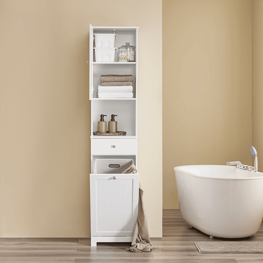 SoBuy BZR216-W Armário de casa de banho alto economizador de espaço com cesto de lavagem 45L - Coluna de casa de banho estreita 40x38x180cm com gaveta MDF, prateleira aberta e porta de armário para lavandaria ou casa de banho