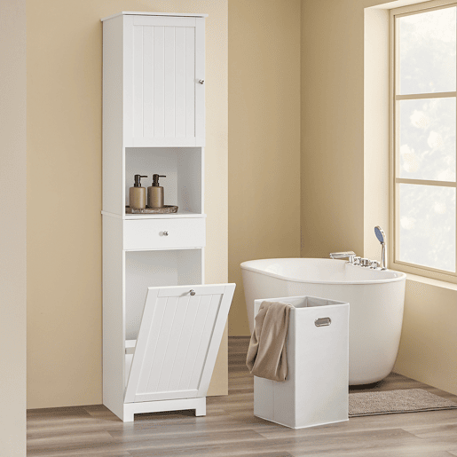 SoBuy BZR216-W Armário de casa de banho alto economizador de espaço com cesto de lavagem 45L - Coluna de casa de banho estreita 40x38x180cm com gaveta MDF, prateleira aberta e porta de armário para lavandaria ou casa de banho