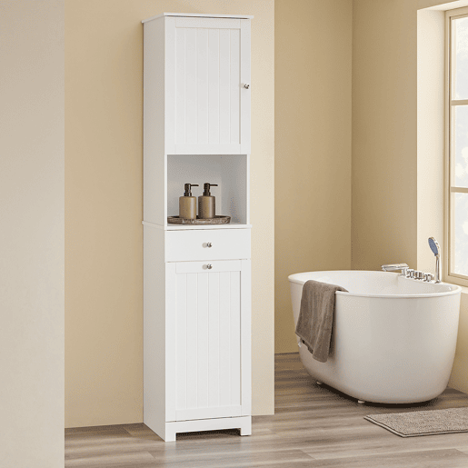 SoBuy BZR216-W Armário de casa de banho alto economizador de espaço com cesto de lavagem 45L - Coluna de casa de banho estreita 40x38x180cm com gaveta MDF, prateleira aberta e porta de armário para lavandaria ou casa de banho
