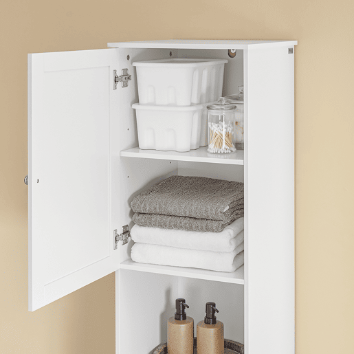 SoBuy BZR216-W Armário de casa de banho alto economizador de espaço com cesto de lavagem 45L - Coluna de casa de banho estreita 40x38x180cm com gaveta MDF, prateleira aberta e porta de armário para lavandaria ou casa de banho