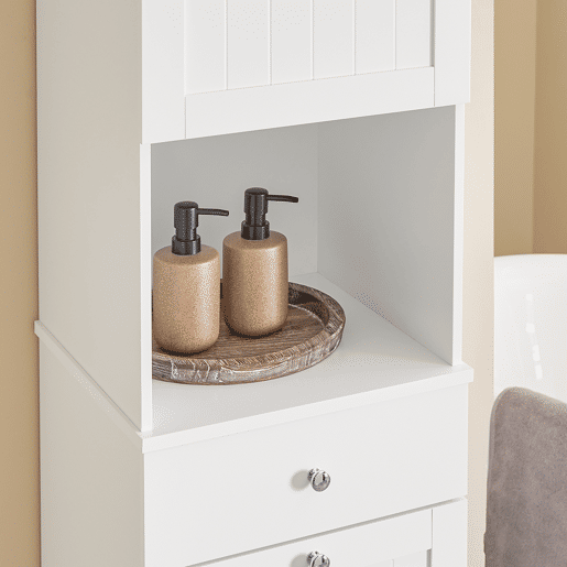 SoBuy BZR216-W Armário de casa de banho alto economizador de espaço com cesto de lavagem 45L - Coluna de casa de banho estreita 40x38x180cm com gaveta MDF, prateleira aberta e porta de armário para lavandaria ou casa de banho