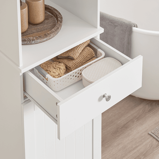 SoBuy BZR216-W Armário de casa de banho alto economizador de espaço com cesto de lavagem 45L - Coluna de casa de banho estreita 40x38x180cm com gaveta MDF, prateleira aberta e porta de armário para lavandaria ou casa de banho