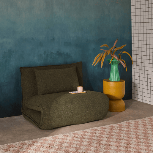 Poltrona conversível em tecido boucle texturizado, Fleeep, Verde caqui, 200x99x66 cm