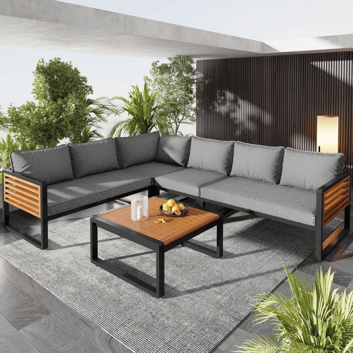 Conjunto de sofás de jardim para 5-6 pessoas - Sofá exterior moderno, estrutura em ferro galvanizado, braços em madeira - Cinza