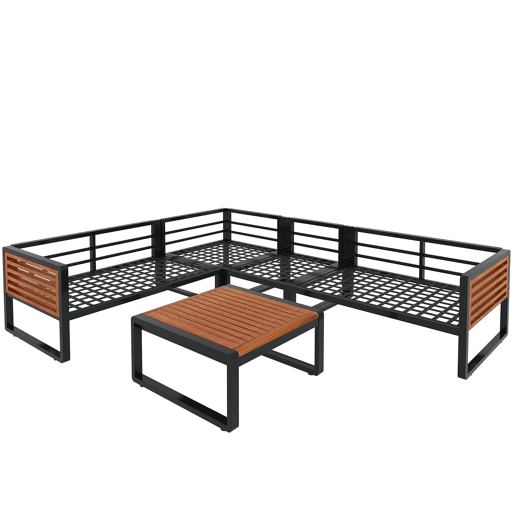 Conjunto de sofás de jardim para 5-6 pessoas - Sofá exterior moderno, estrutura em ferro galvanizado, braços em madeira - Cinza