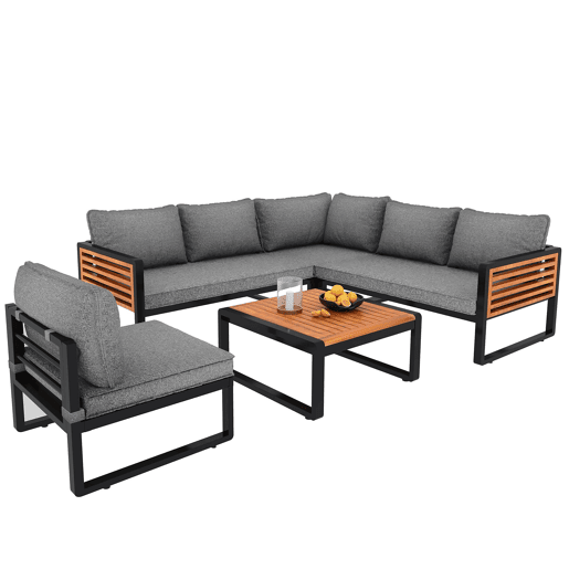 Conjunto de sofás de jardim para 5-6 pessoas - Sofá exterior moderno, estrutura em ferro galvanizado, braços em madeira - Cinza