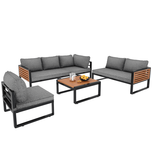 Conjunto de sofás de jardim para 5-6 pessoas - Sofá exterior moderno, estrutura em ferro galvanizado, braços em madeira - Cinza
