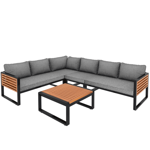 Conjunto de sofás de jardim para 5-6 pessoas - Sofá exterior moderno, estrutura em ferro galvanizado, braços em madeira - Cinza