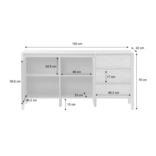 Aparador de 2 portas e 3 gavetas, 150cm, Harmony, Natural, 150x42x78 cm