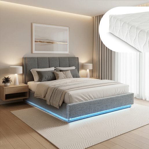 Cama estofada Tröstiar LED com base de ripas dobrável + colchão 140x200cm - Antracite en.casa