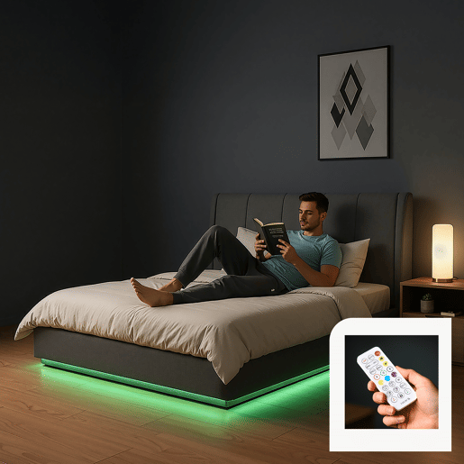 Cama estofada Tröstiar LED com base de ripas dobrável + colchão 140x200cm - Antracite en.casa