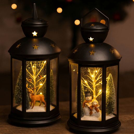Lanterna natalina decorativa com cena interna e LED.