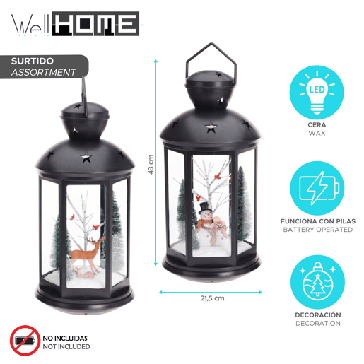 Lanterna natalina decorativa com cena interna e LED.