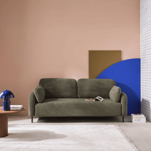 Sofá boucle e base de metal, 3 lugares, Teddy, Verde caqui, 208x84x87 cm