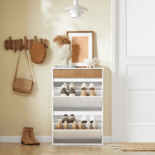 SoBuy FSR205-WN Sapateira de entrada fina que poupa espaço - Sapateira com 2 portas rebatíveis e gaveta - Design nórdico para entradas modernas - Roupeiro em madeira branca e carvalho - 61x26x91cm