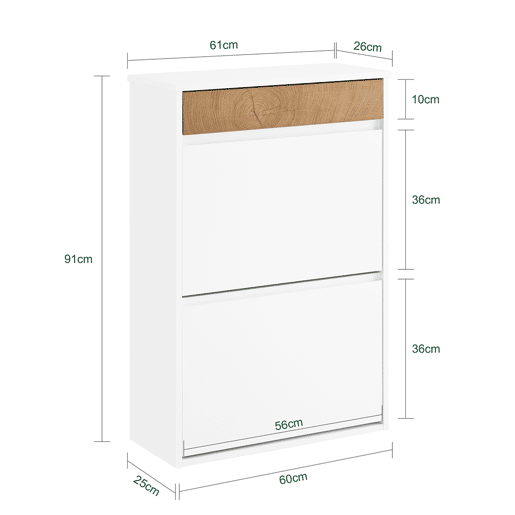 SoBuy FSR205-WN Sapateira de entrada fina que poupa espaço - Sapateira com 2 portas rebatíveis e gaveta - Design nórdico para entradas modernas - Roupeiro em madeira branca e carvalho - 61x26x91cm