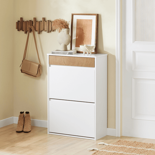 SoBuy FSR205-WN Sapateira de entrada fina que poupa espaço - Sapateira com 2 portas rebatíveis e gaveta - Design nórdico para entradas modernas - Roupeiro em madeira branca e carvalho - 61x26x91cm