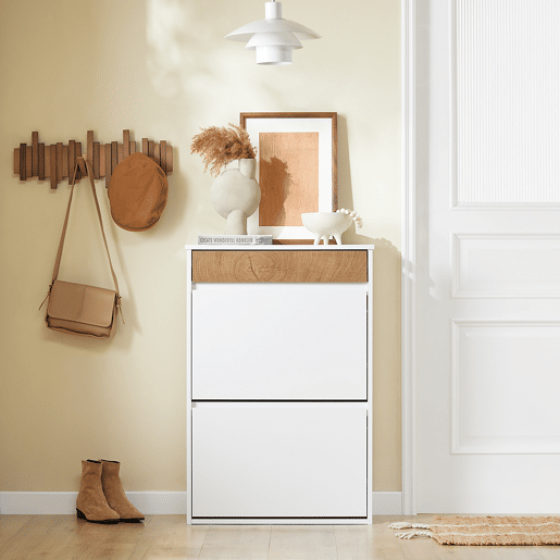 SoBuy FSR205-WN Sapateira de entrada fina que poupa espaço - Sapateira com 2 portas rebatíveis e gaveta - Design nórdico para entradas modernas - Roupeiro em madeira branca e carvalho - 61x26x91cm
