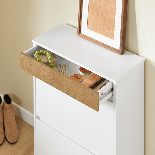 SoBuy FSR205-WN Sapateira de entrada fina que poupa espaço - Sapateira com 2 portas rebatíveis e gaveta - Design nórdico para entradas modernas - Roupeiro em madeira branca e carvalho - 61x26x91cm